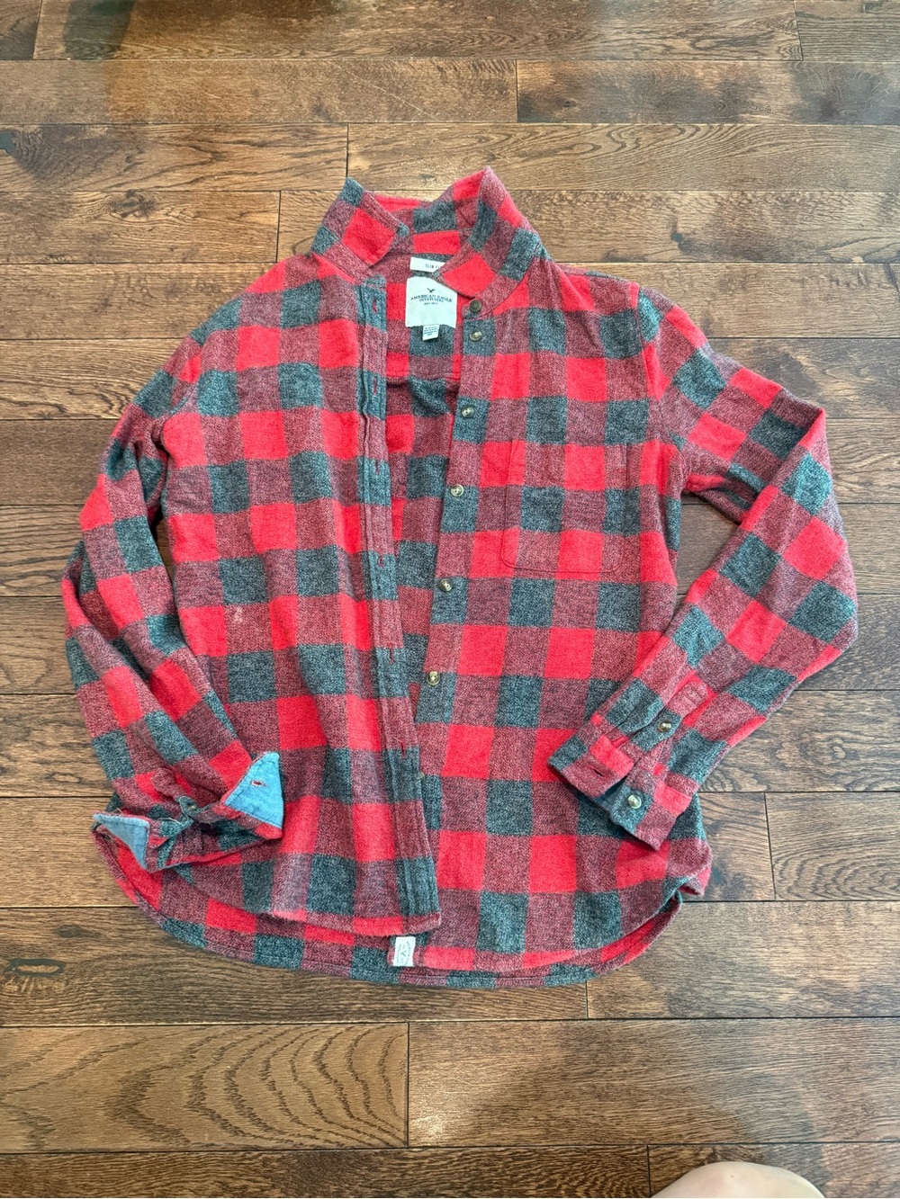 American Eagle Outfitters Red and Gray Plaid Button-Down Shirt